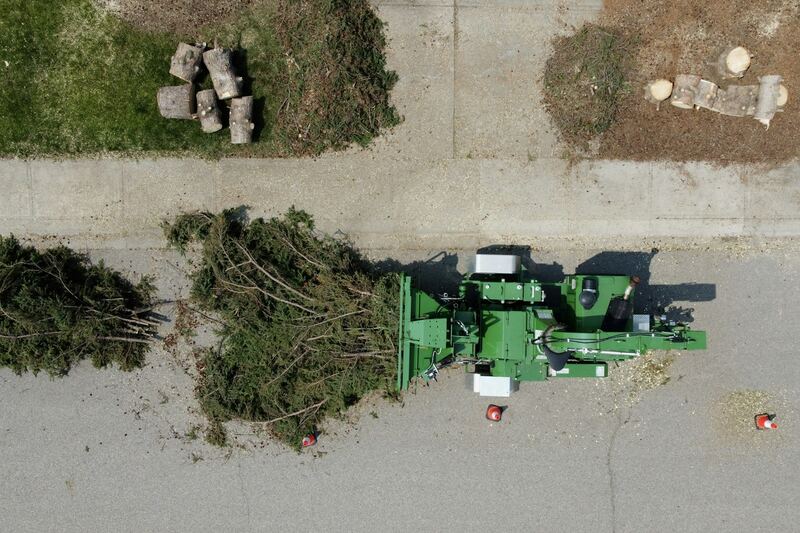 Vue du dessus d’un broyeur de branches avalant un sapin coupé, au bord d’une rue